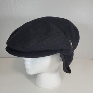 Wigens Melton Wool Twill Cap Black Size 58 Ear Flaps Newsboy Driver Cabby Hat